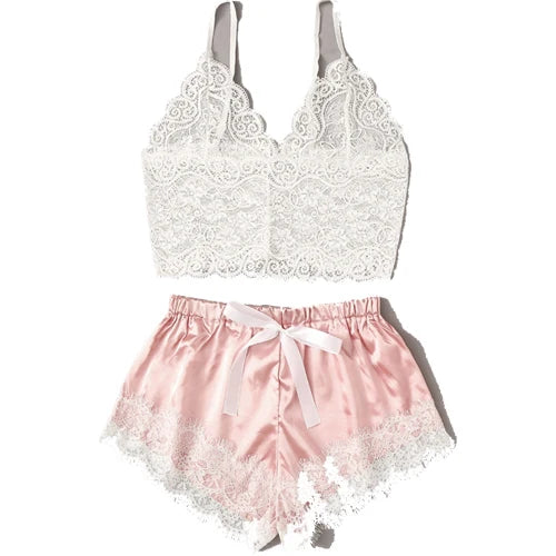 1 Set Women's Sexy Fashion Casual Lace Sleepwear Lingerie Tops Shorts Set Ladies Erotic Babydoll Pajamas Nightwear Underwear New