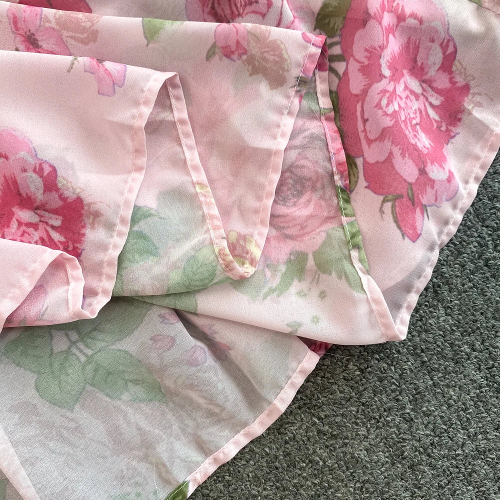 Spring Autumn Women Floral Chiffon Long Dress Vintage Purple/Pink/Black/Beige Stand Collar Single Breasted Maxi Robe Elegant New Viralgem Store