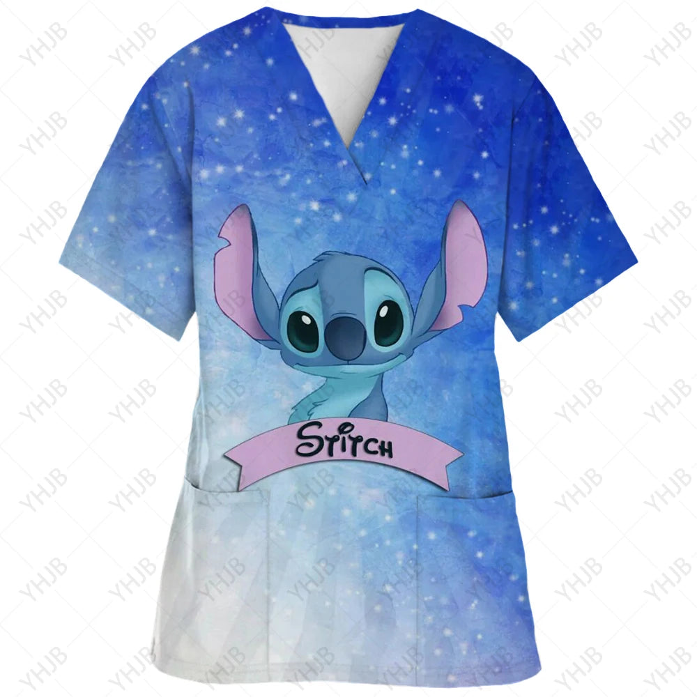 Top Women 2024 Minnie Mouse Tops Disney T Shirt Pocket T-shirts Hospital T-shirt Summer Nurse Uniform Woman Clothes Mickey Tees