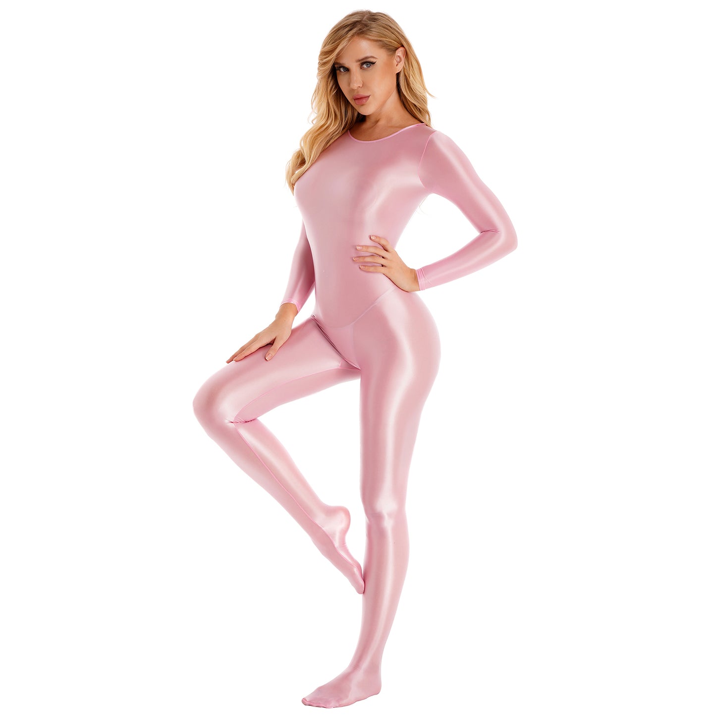 Womens Oil Glossy Bodysuit One Piece Swimwear Long Sleeve Teddies Stretchy Jumpsuit Bodystocking Rave Party Clubwear Swimwear