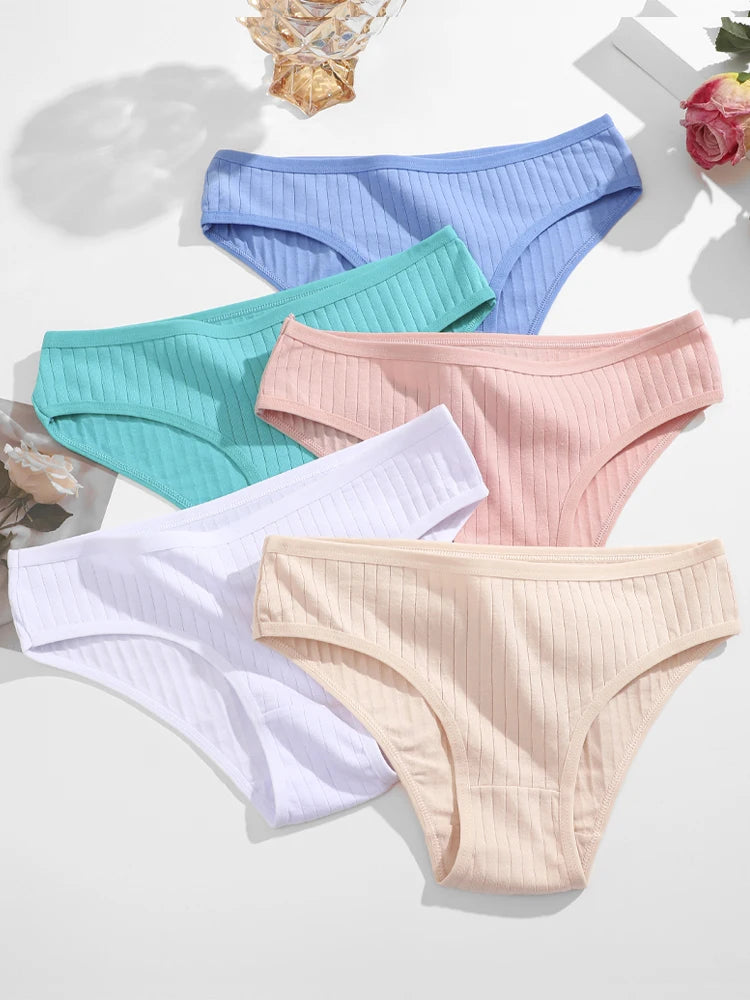 7Pcs/SET Cotton Ribbed Striped Underwear Women's Panties Sexy Solid Color Plus Size Briefs Female Breathable Soft Lingerie L-7XL