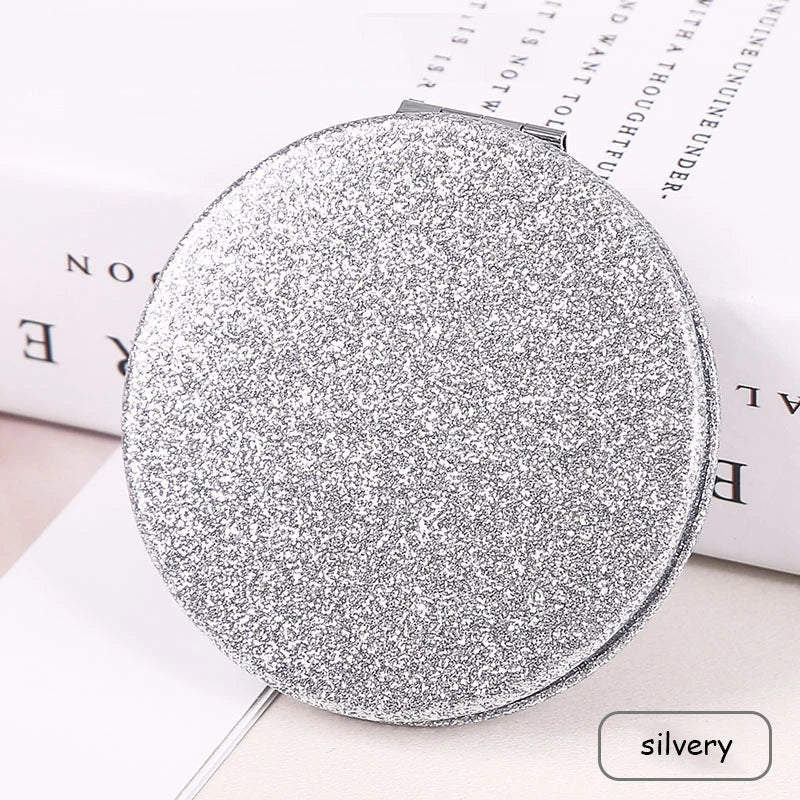 1pc Portable Glitter Round Makeup Mirror Hand Pocket Folding Cosmetic Mirror Double Face Make Up Mirror