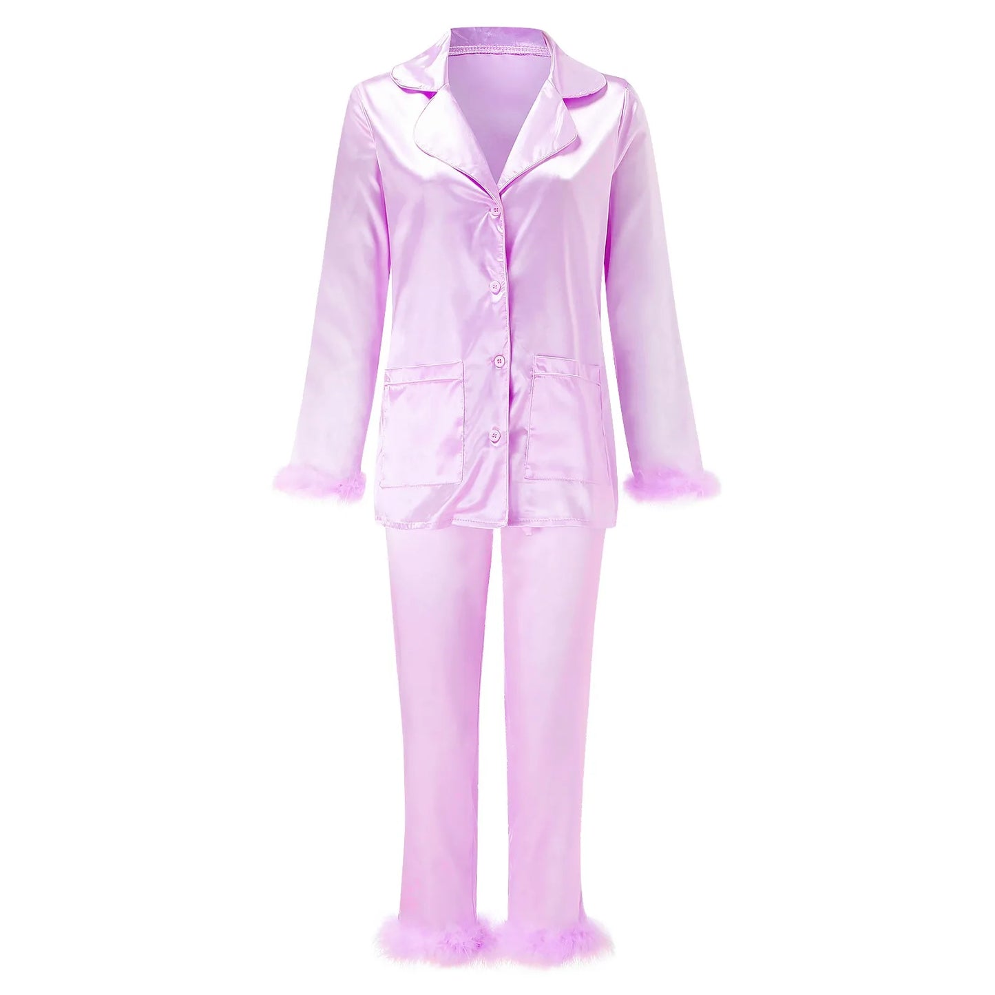 2Pcs Women Pajamas Set Spring Summer Casual Lapel Tops + Feather Pants Suits Sexy Lingerie Nightwear Silk Satin Pyjamas Homewear