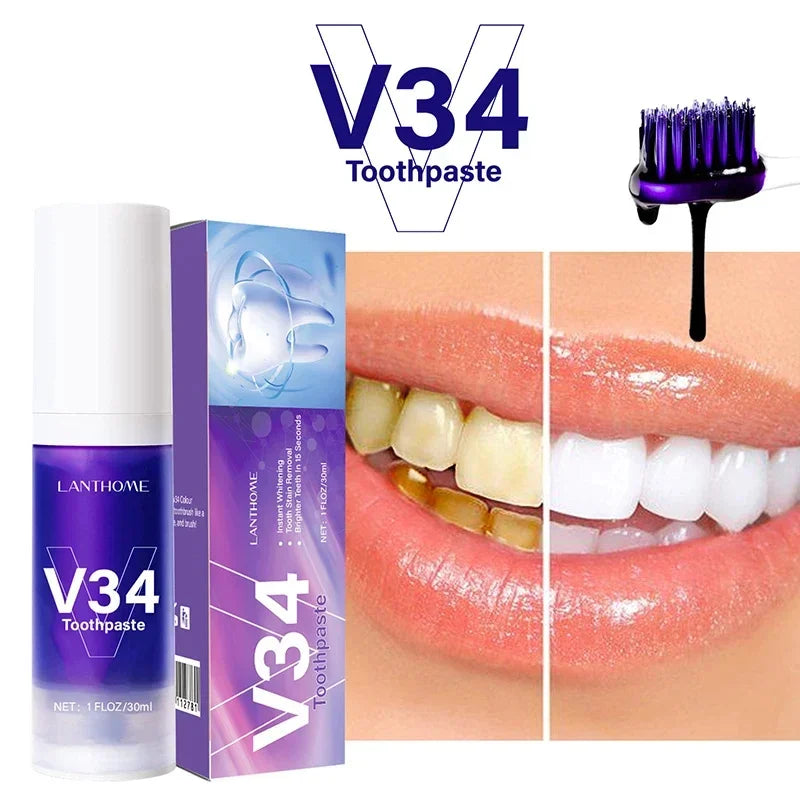 V34 Purple Teeth Whitening Toothpaste Remove Plaque Stains Cleaning Oral Hygiene Dental Bleach Tools Fresh Breath Beauty Health