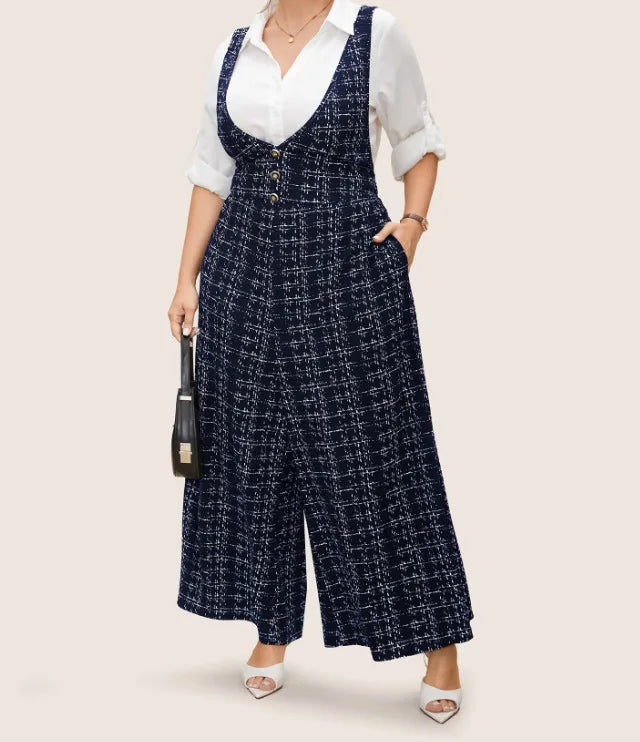2025 Women's Sleeveless Oversized Jumpsuit Overalls Ladies Sexy Plaid Deep V Neck Wide Leg Pants Jumpsuits with Buttons Pockets Viralgem Store