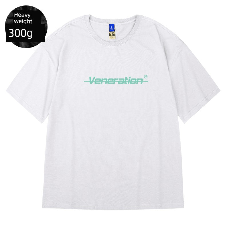 300G Heavy Weight American Letter Print Short-Sleeve T-shirt Street Plus Size Black round Neck Cotton Simple Half Sleeve Men's Fashion