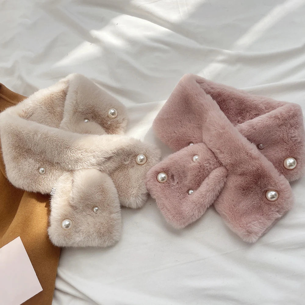2023 Pearl Faux Rabbit Fur Scarf Women Cute Neck Warmer Winter Warm Soft Furry Scarves Outdoor Windproof Cross Scarf Collar New