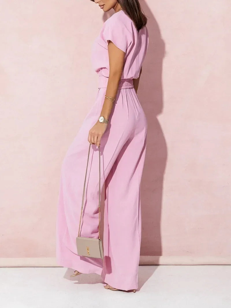 Women's S-2XL size Spring Summer Women's Fashion V-neck Short Sleeve Jumpsuit Ladies  Casual Belt Solid Color Jumpsuit