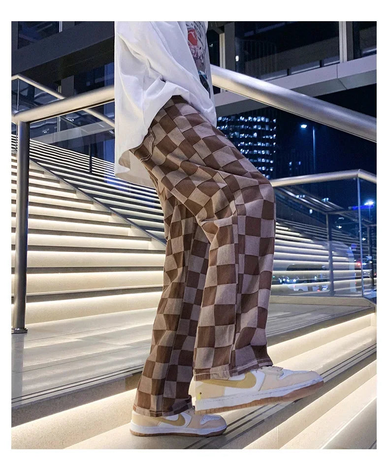 2024 Spring New Men's Brown Check Print Baggy Jeans Korean Fashion Streetwear Denim Straight Pants Male Brand Trousers