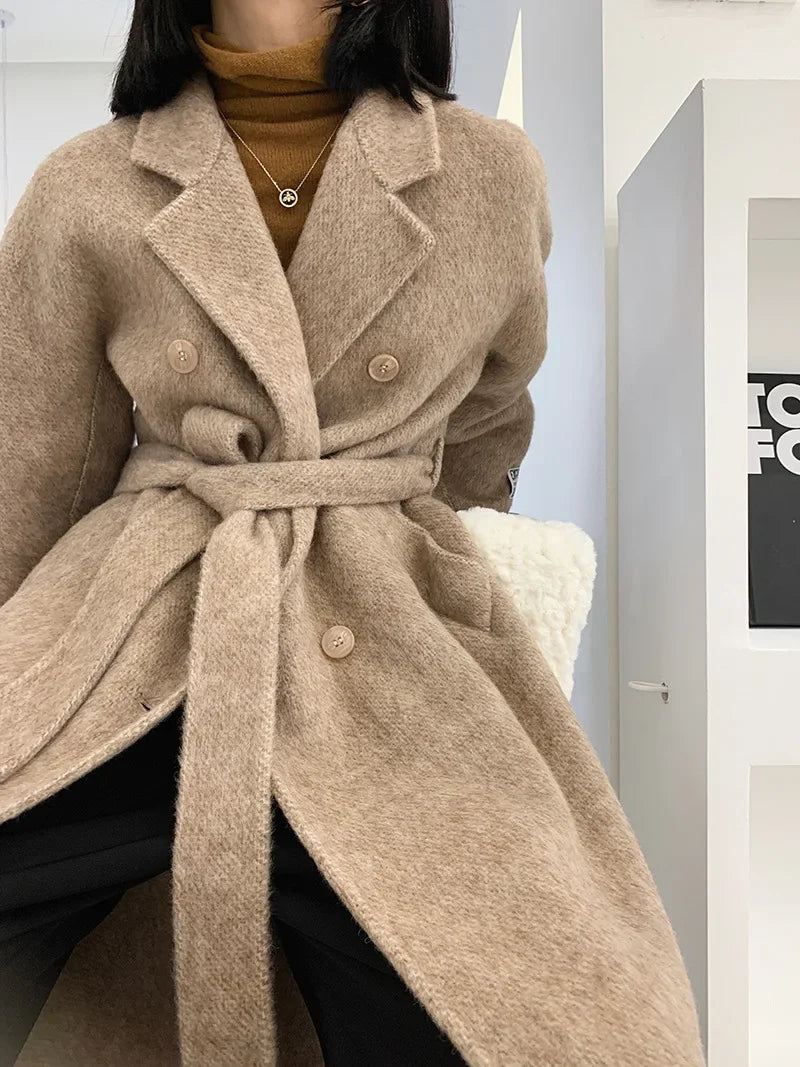2024 Autumn Winter Wool Coat Women Double-breasted Solid Color Women's Double-sided Woolen Belt Coats Loose Warm Wool Jacket