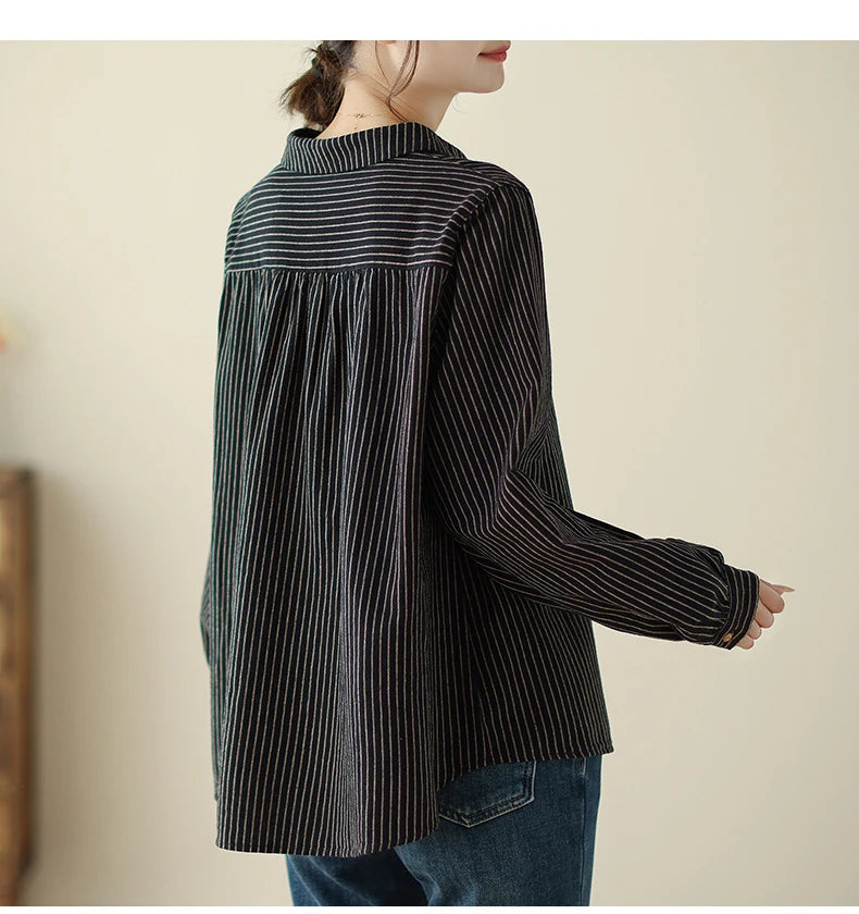Women Long Sleeve Casual Shirt New Arrival 2024 Spring Korean Style Vintage Striped Loose Female Basics Cotton Tops Shirts B3254