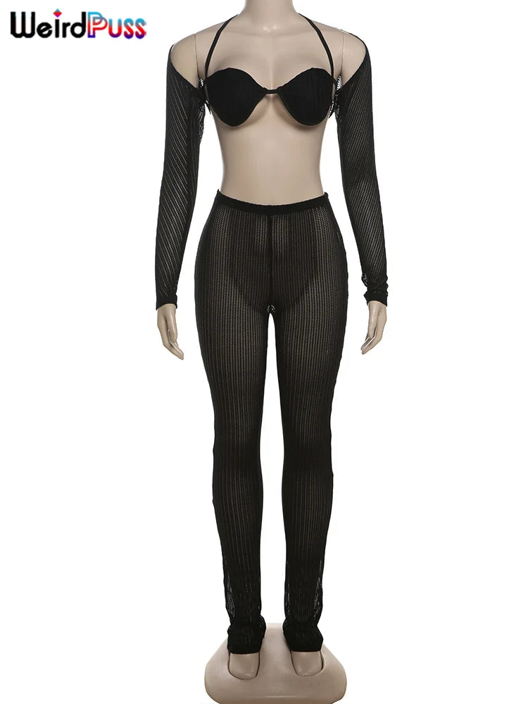 Weird Puss Summer Trend 3 Piece Set Women Spike Mesh Crop Tops+Bandage Bra+Leggings Tight Matching Vacation Streetwear Outfits Viralgem Store