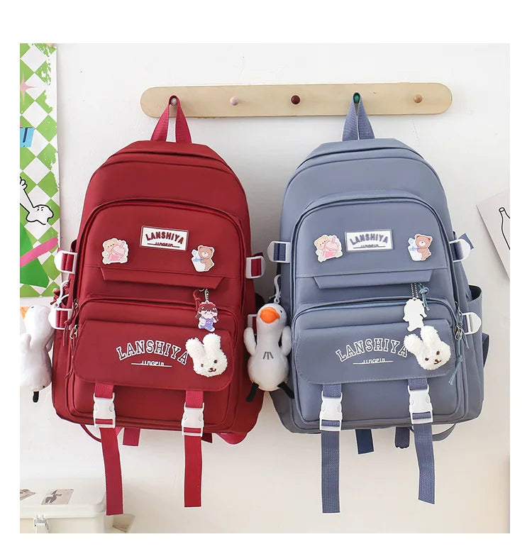 5-piece Set of Free Pendants Forest Style Korean Version Casual Harajuku Student Backpack for High School Girls Large Capacity Viralgem Store