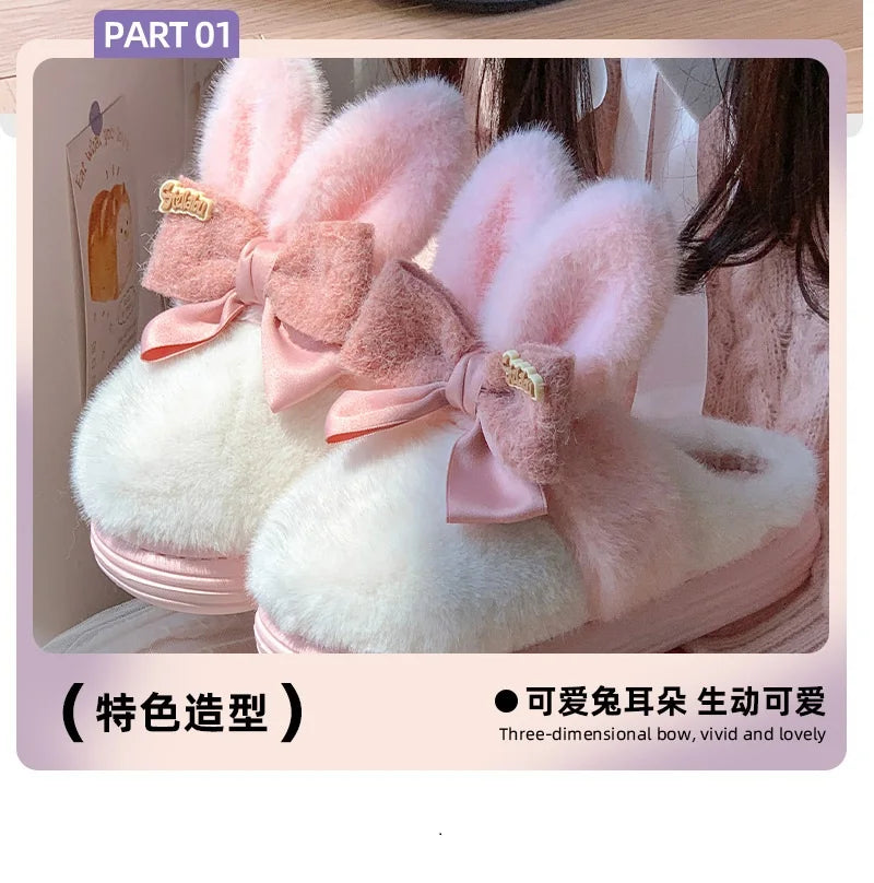 8 cm High platform fur slippers women's winter fluffy ear home shoes woman white bunny rabbit slippers woman house clog shoes