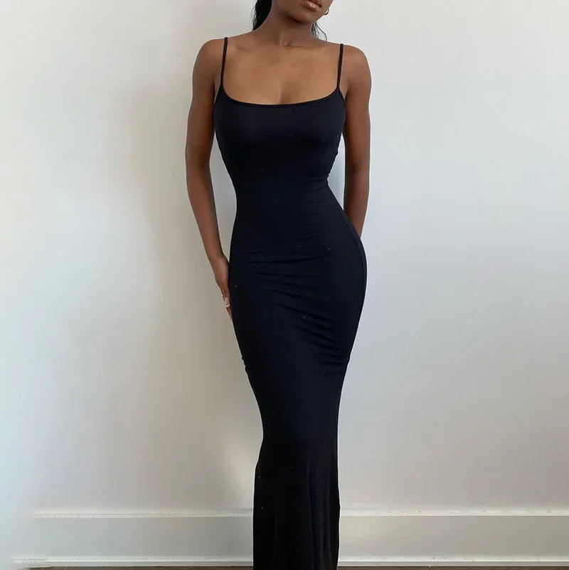 Y2k Women Sexy Bodycon Long Dress Solid Color Spaghetti Strap Low Cut Evening Party Dress Summer Beach Going Out Clothing Viralgem Store