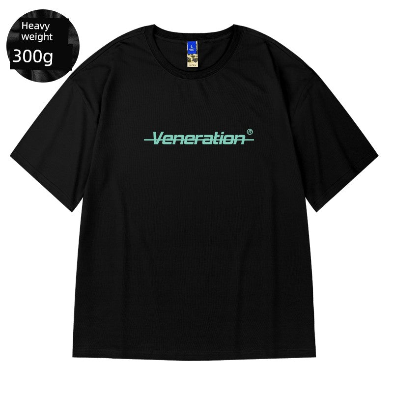 300G Heavy Weight American Letter Print Short-Sleeve T-shirt Street Plus Size Black round Neck Cotton Simple Half Sleeve Men's Fashion