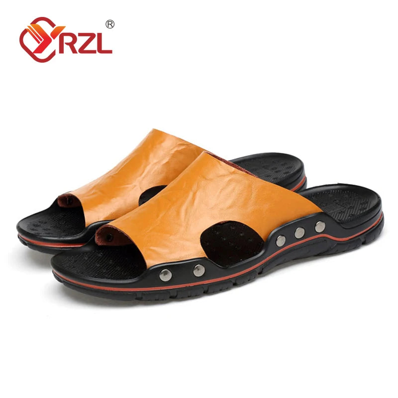 YRZL Slippers Mens PU Leather Classic Summer Men Sandals Soft Brown Outdoor Comfortable Slippers Lightweight EVA Slides for Men Viralgem Store