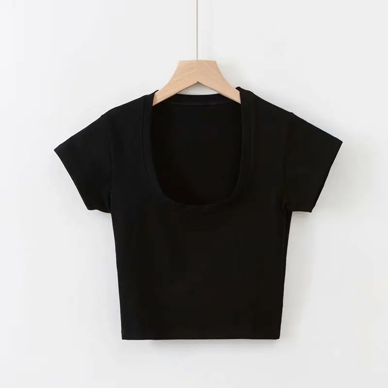 U-Neck Crop Top Solid Color Women Casual High Waist T Shirt Basic Sexy Streetwear Short Sleeve Slimming