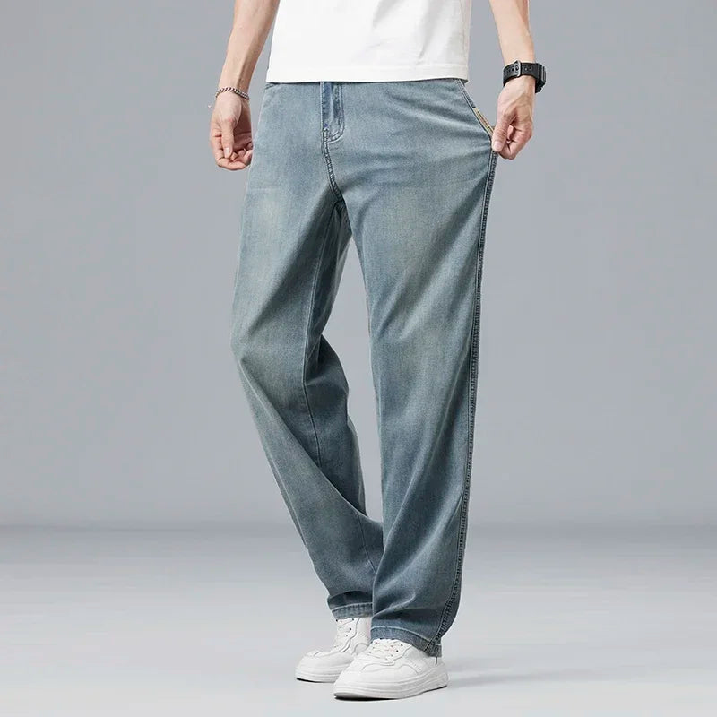 2025 New Summer Ultra-thin Lyocell Men's Jeans Drape Soft Fabric Loose Straight Casual Denim Pant Elastic Ice Silk Male Trousers