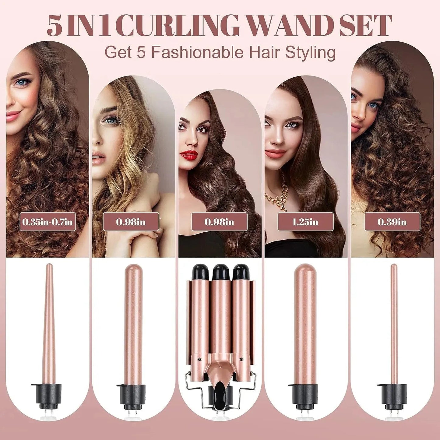 5 in 1 Curling Iron Set with Curling Brush, 0.35”-1.25” Hair Curler Wand for Hairstyle and Heat Resistant Gloves and Hair Clips Viralgem Store