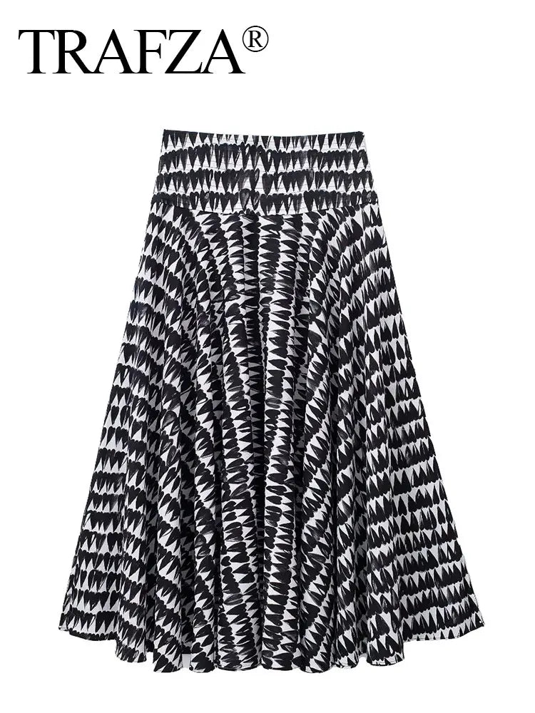 TRAFZA Women Fashion Geometric Print Skirt Zipper Fly High Waist Slim Midi Skirts Vintage Y2k 2024 Women Casual Streetwear TRAF Viralgem Store