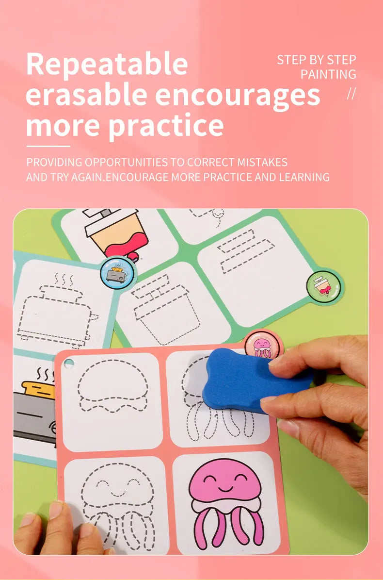 70 Patterns Step-By-Step Learning Simple Drawing Card Book, Reusable Graffiti Set, Cartoon Educational Line Drawing Introductory Enlightenment, Kindergarten Art Activity Teaching Aids, Drawing Skills and Pen Control Training