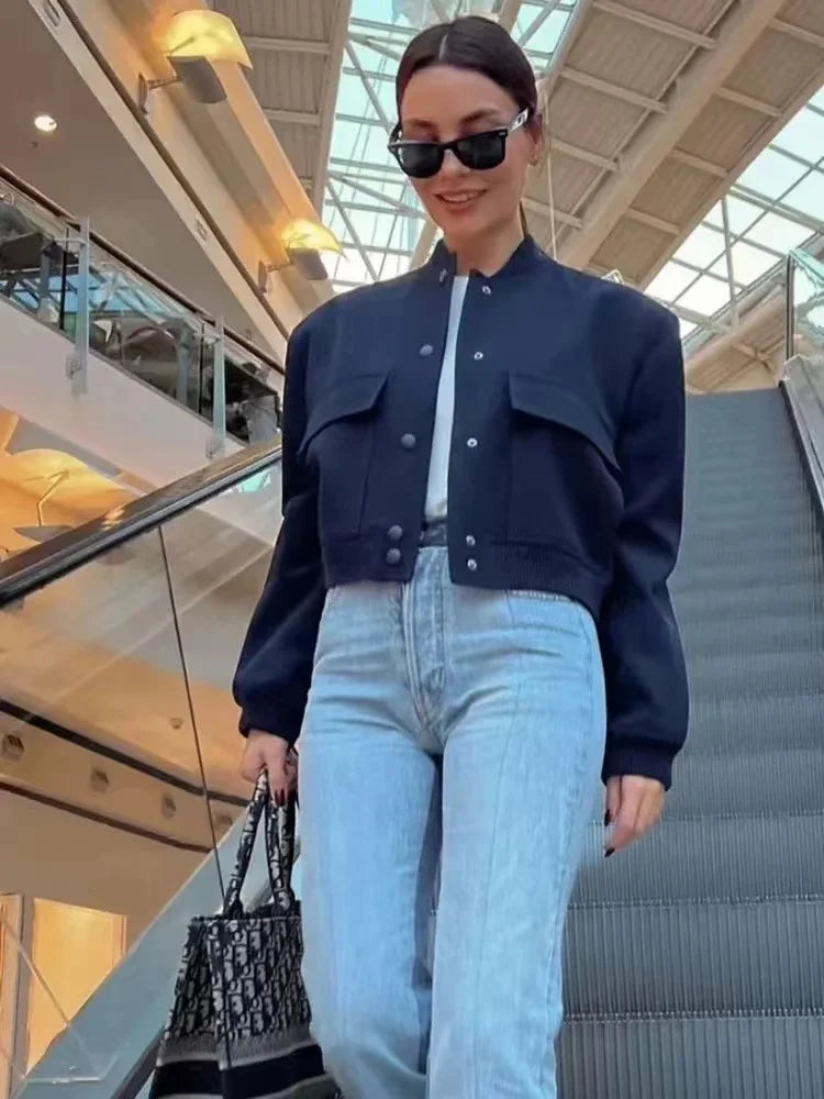 2024 Woman Bomber Jacket Coat White Autumn Winter Button Baseball Aviator Cropped Jackets For Women Long Sleeve Crop Outerwear