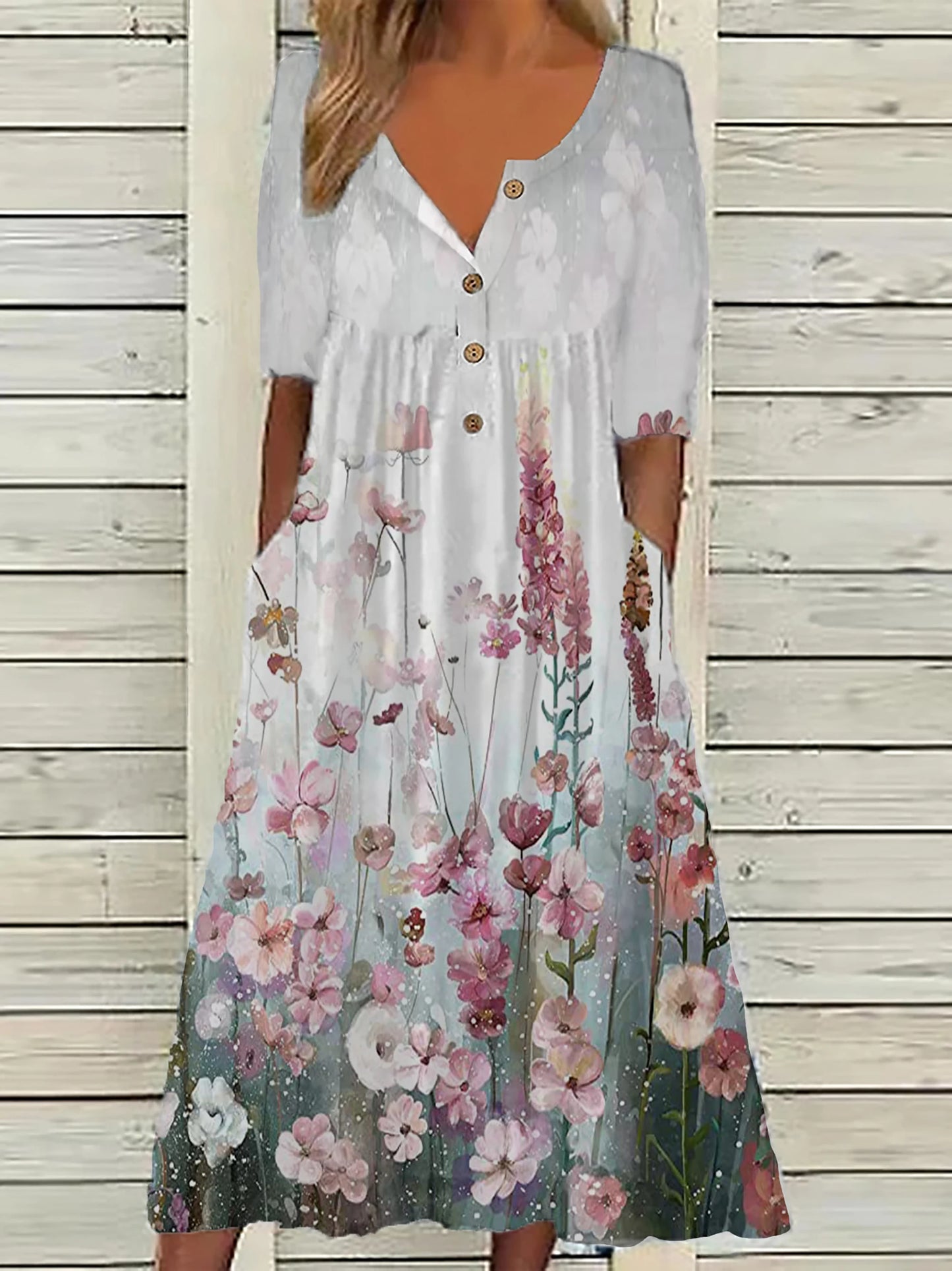 2024 Europe and the United States spring new fashion printed V-neck button short sleeve plus size women's size women's pocket