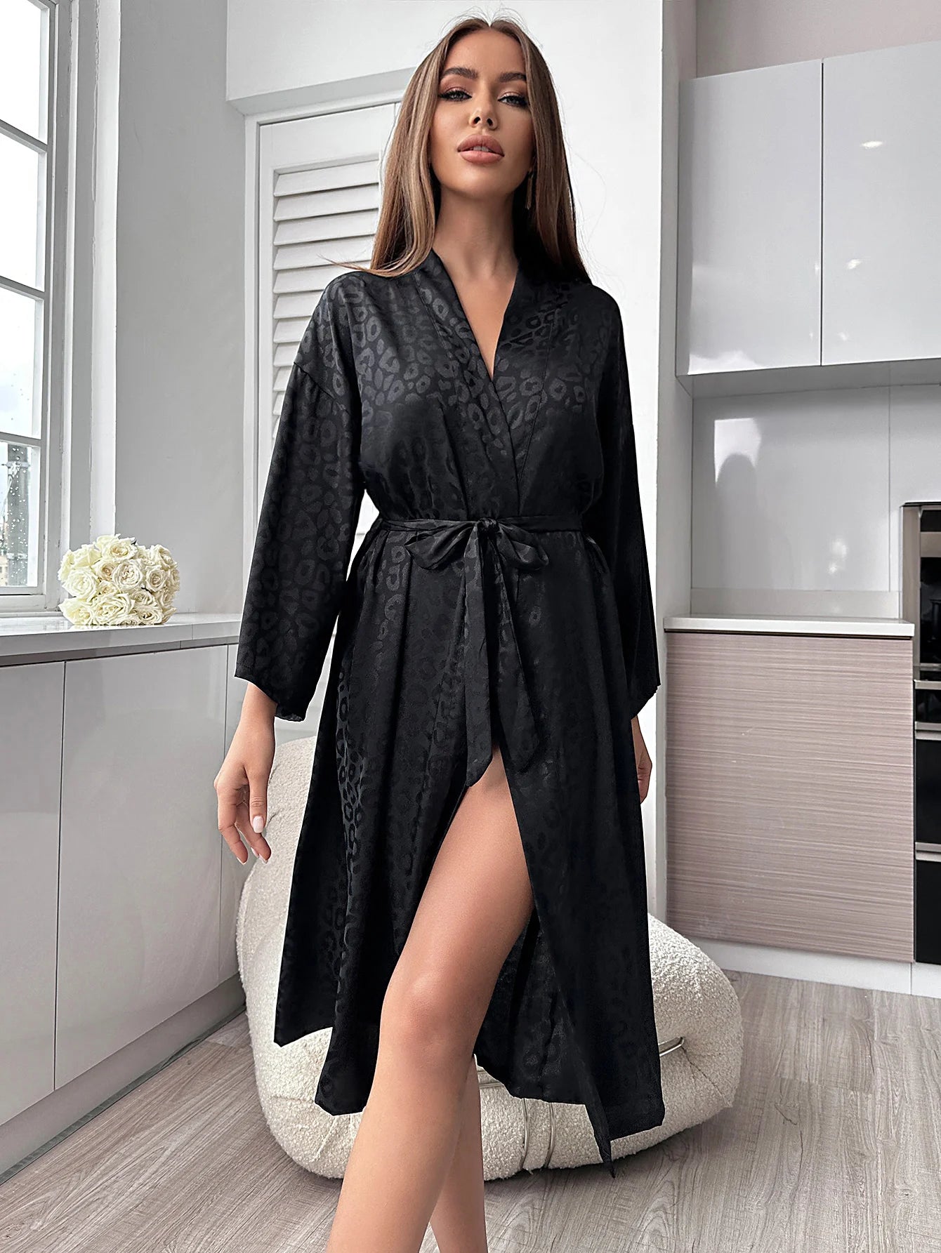 Women's Pajamas V-neck Satin Silk Black Jacquard Gown Robee Pajamas Women's Pajamas Loose Bathrobe Pajamas Viralgem Store