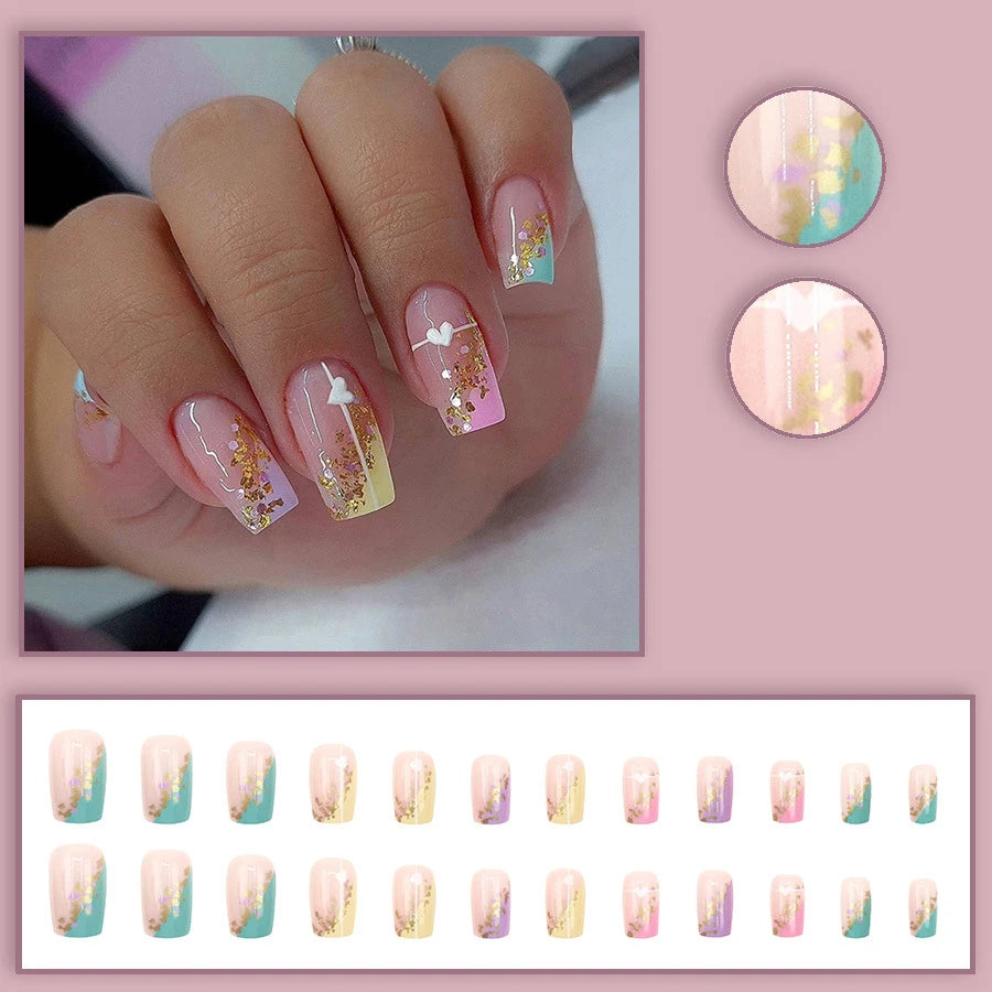 24pcs/set short Medium fake nails square ballet almond nail tips pink beautiful heart for Valentine's Day press on false nails