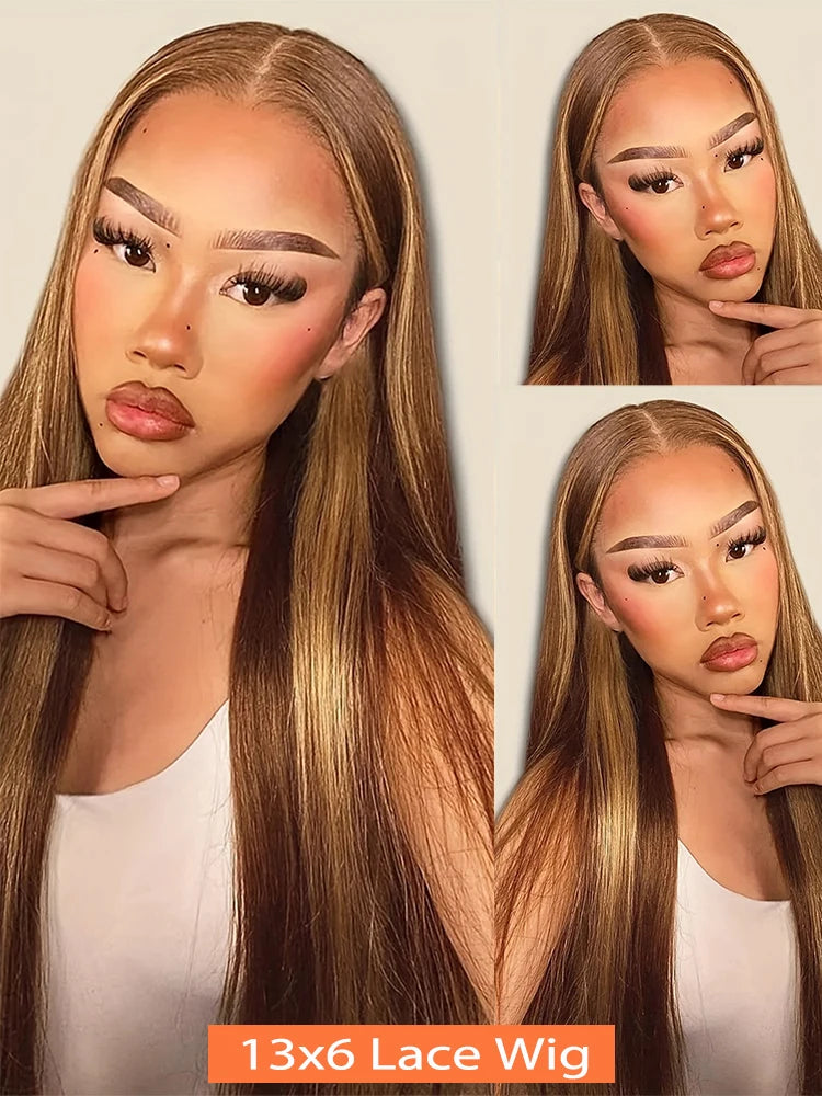200% Density Bone Straight Blonde Ombre Highlight Wig HD Lace 13x6 Brazilian Human Hair Frontal Wig for Women Colored Hair Wig