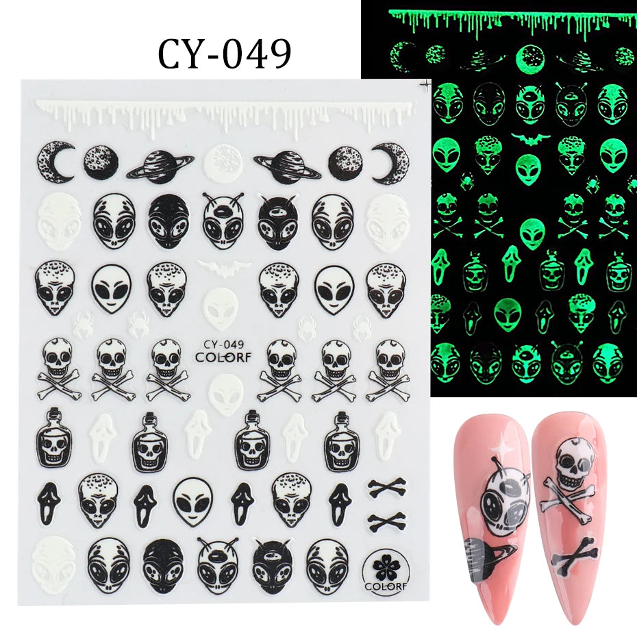 1pcs 3D Luminous Nail Stickers Flame Butterfly Star Moon Glitter Design Glow in The Dark Slider Manicure Decorations JICY028-036