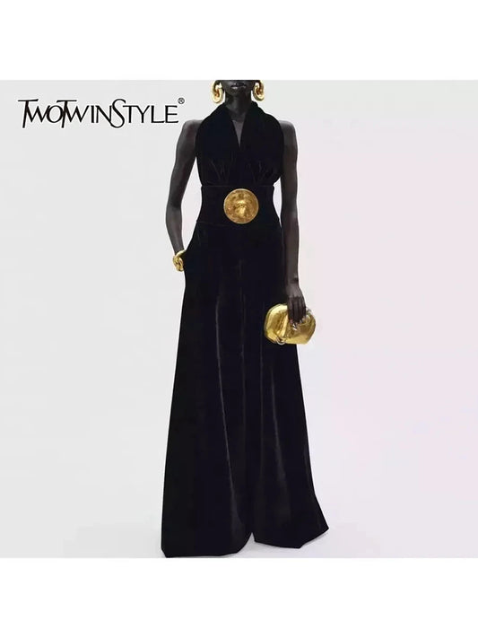 TWOTWINSTYLE Black Slimming Spliced Sequined Fashion Jumpsuits for Women Halter Sleeveless Backless High Waist Jumpsuit Female Viralgem Store