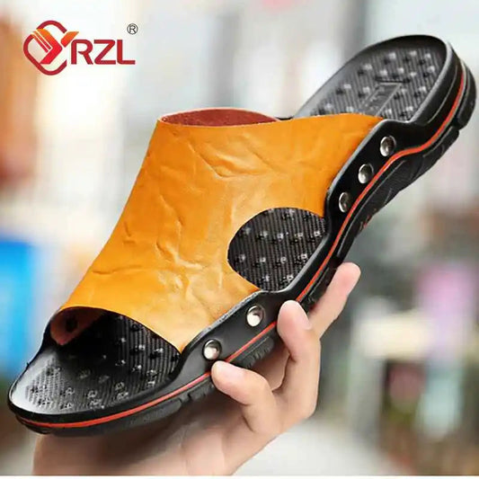 YRZL Slippers Mens PU Leather Classic Summer Men Sandals Soft Brown Outdoor Comfortable Slippers Lightweight EVA Slides for Men Viralgem Store