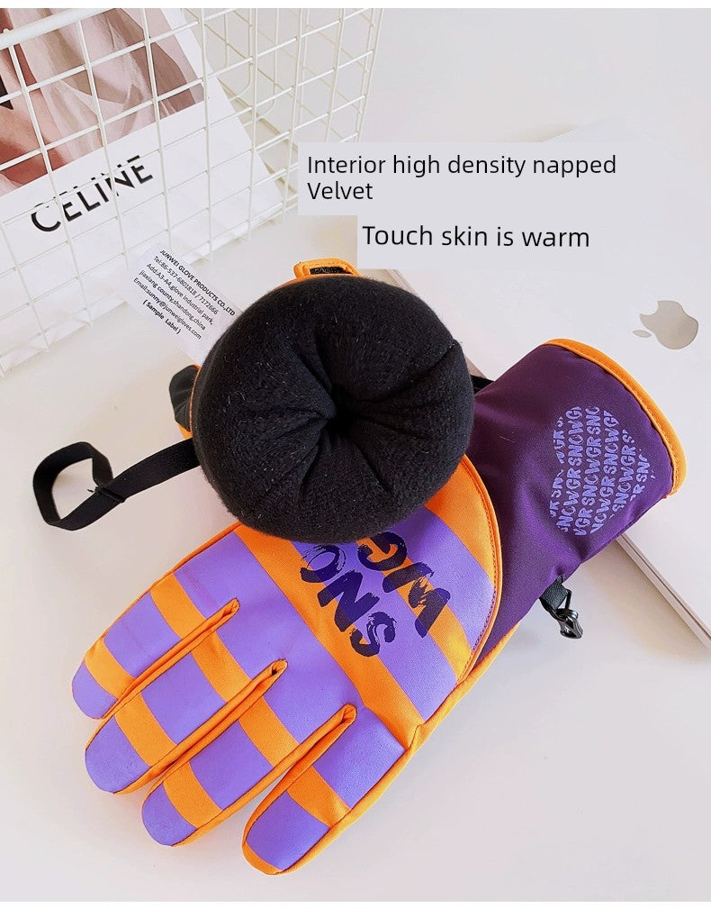 Waterproof Ski Gloves for Women Winter Fleece-Lined Thickened Cotton Students Warm-Keeping Cold-Proof Windproof Touch Screen Cycling Motorcycle Men
