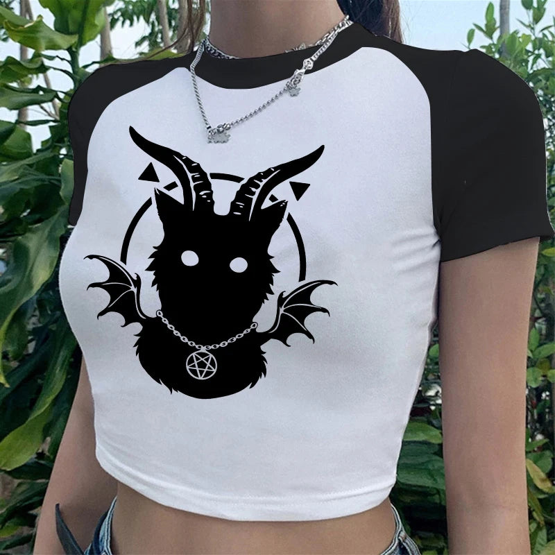 Y2k Fairy Grunge Emo Sexy Gothic Crop Top Vintage Harajuku Black Short Sleeve O-neck T Shirts Aesthetic Clothes Streetwear Tanks