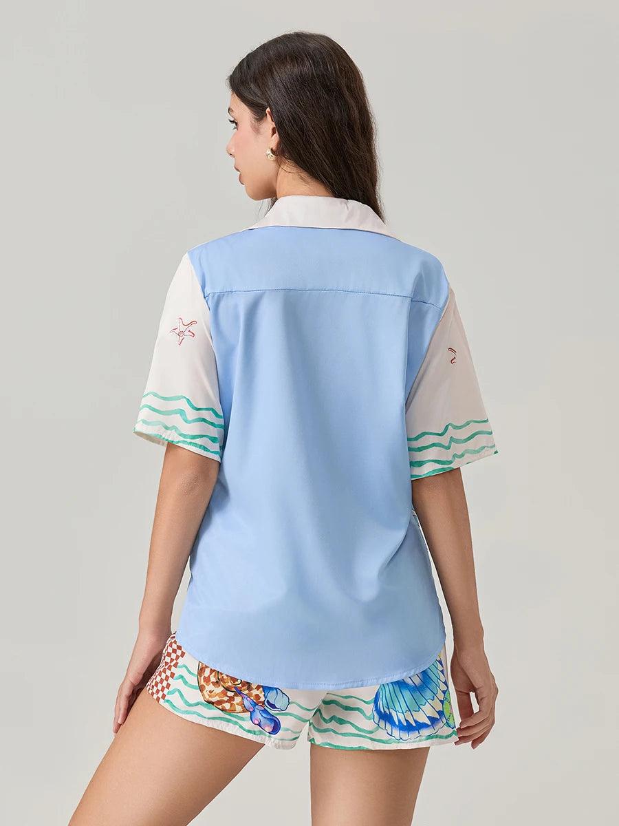 Women 2 Piece Shorts Outfits Ocean Print Button Short Sleeve Lapel T-Shirt and Elastic Shorts Club Streetwear Clothes Pjs Lounge