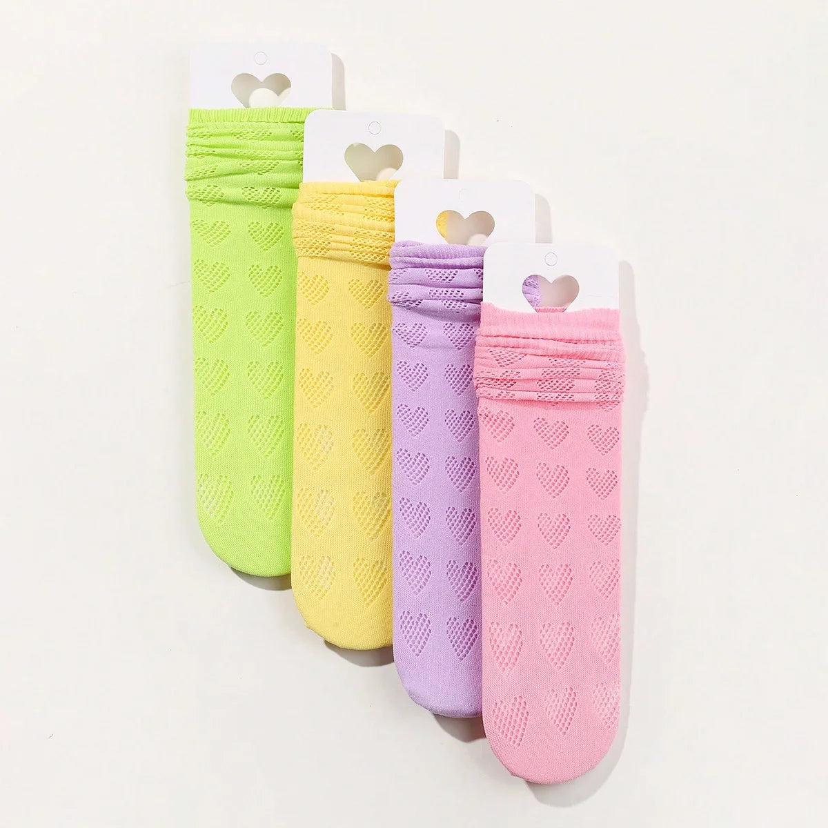 1/4 pairs of girls' dopamine heart hollow  mesh straight socks, lightweight  breathable heart mesh socks, women's long tube