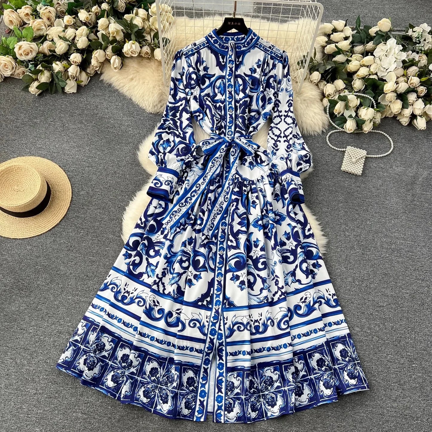 TRAF Runway Blue And White Porcelain Print Holiday Maxi Dress Women's Stand Single Breasted Loose Lace- Up Long Robe Vestido