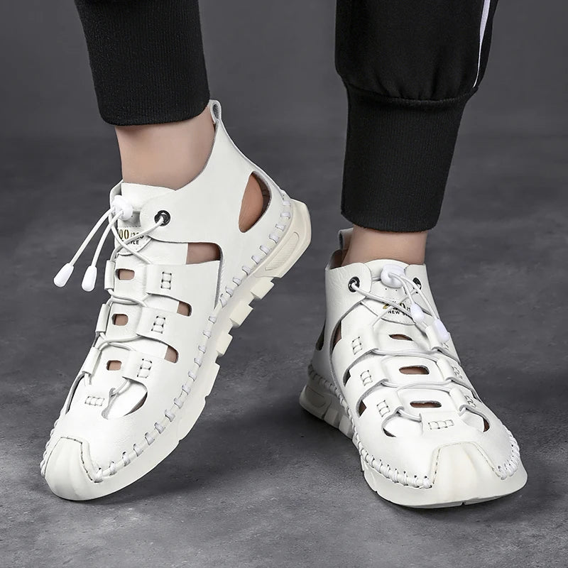 Summer High Quality Men's Fashion Trend Sandals Outdoor Breathable Massage Sole Anti slip Sandals Men's White Sandals Leather Viralgem Store