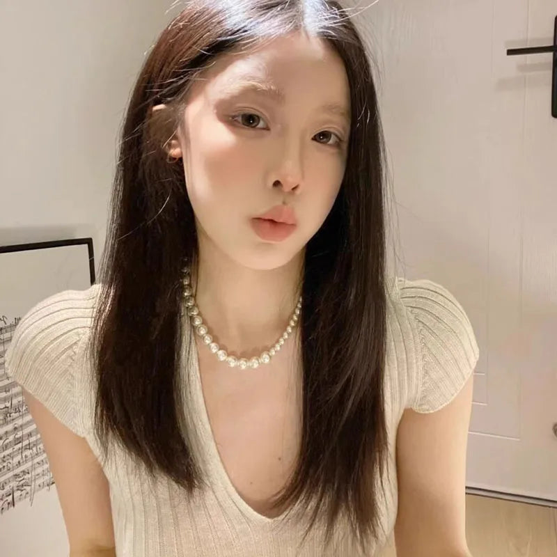 Women Sexy V-neck Knitted Short Sleeve T-shirt Summer Solid Vintage Slim Simple Commute Thin Top Pullovers Viralgem Store