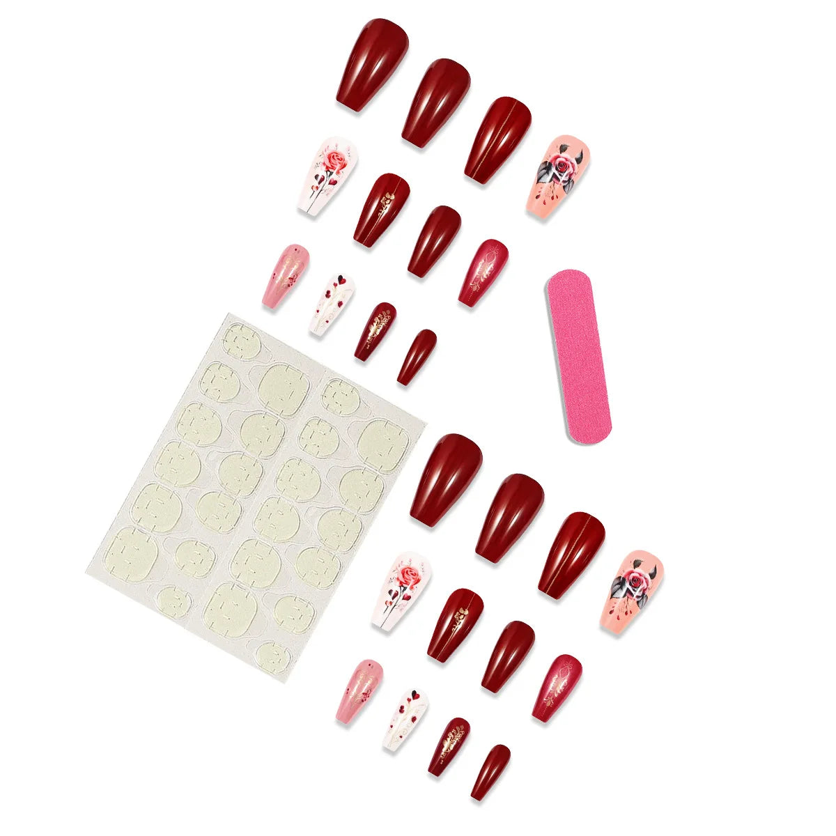 24pcs/set short Medium fake nails square ballet almond nail tips pink beautiful heart for Valentine's Day press on false nails