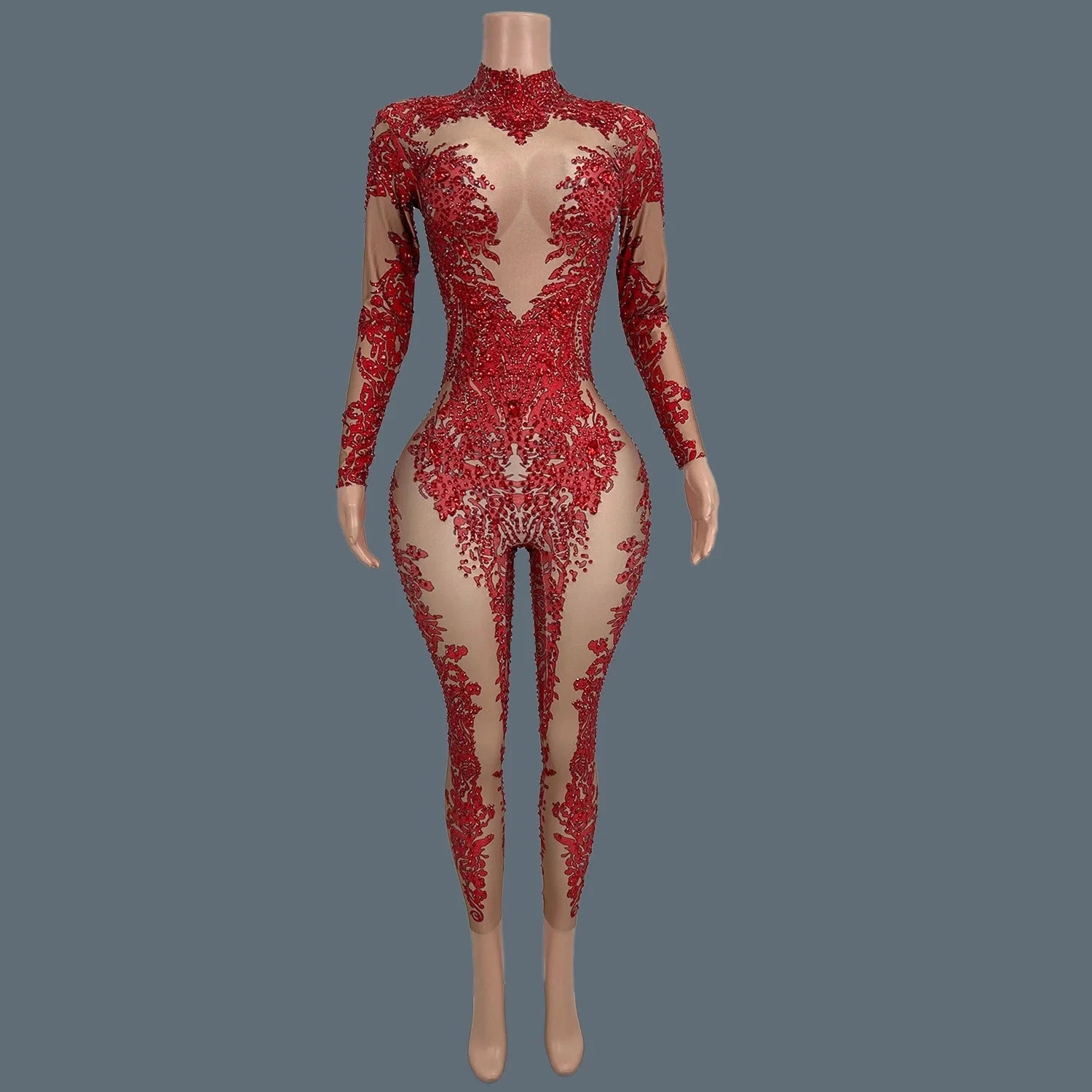 Sparkly Rhinestone Print Spandex Elastic Bodycon Jumpsuit Nightclub Party Stage Club Show Costume  Dance Skinny Wear Xiaotaohong Viralgem Store