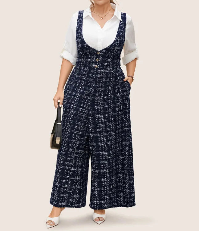 2025 Women's Sleeveless Oversized Jumpsuit Overalls Ladies Sexy Plaid Deep V Neck Wide Leg Pants Jumpsuits with Buttons Pockets Viralgem Store
