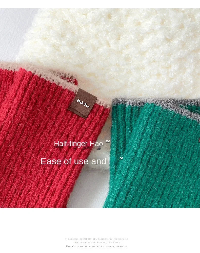 Warm Half Finger Knitted Gloves Autumn and Winter Fingerless Deer Cashmere Gloves Women Mittens Thumb Hole Short Gloves