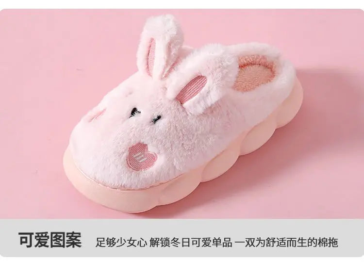 8 cm High platform fur slippers women's winter fluffy ear home shoes woman white bunny rabbit slippers woman house clog shoes