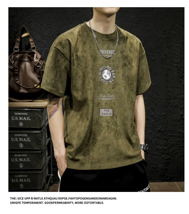 Summer Graphic Printed Suede Short Sleeve T-shirt For Men 2024 New Y2K Streetwear Oversized Tee Shirts Hip Hop O-Neck Tops