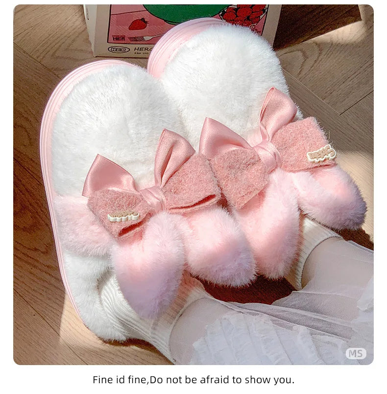 8 cm High platform fur slippers women's winter fluffy ear home shoes woman white bunny rabbit slippers woman house clog shoes
