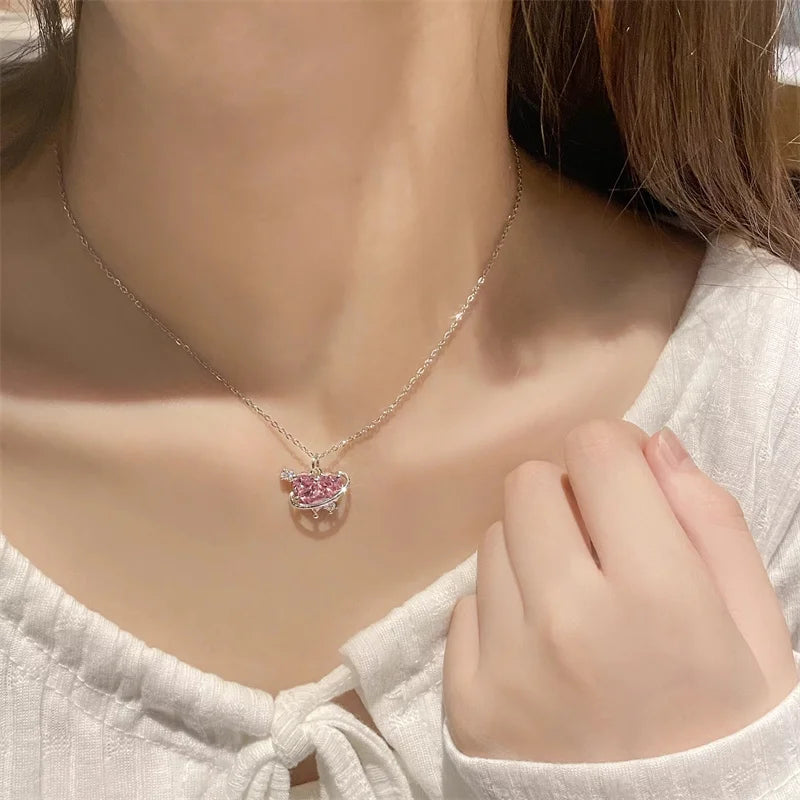 Y2K Pink Planet Heart Zircon Pendant Necklaces Women Fashion Aesthetic Clavicle Chain Necklace Valentines Day Gift Party Jewelry Viralgem Store