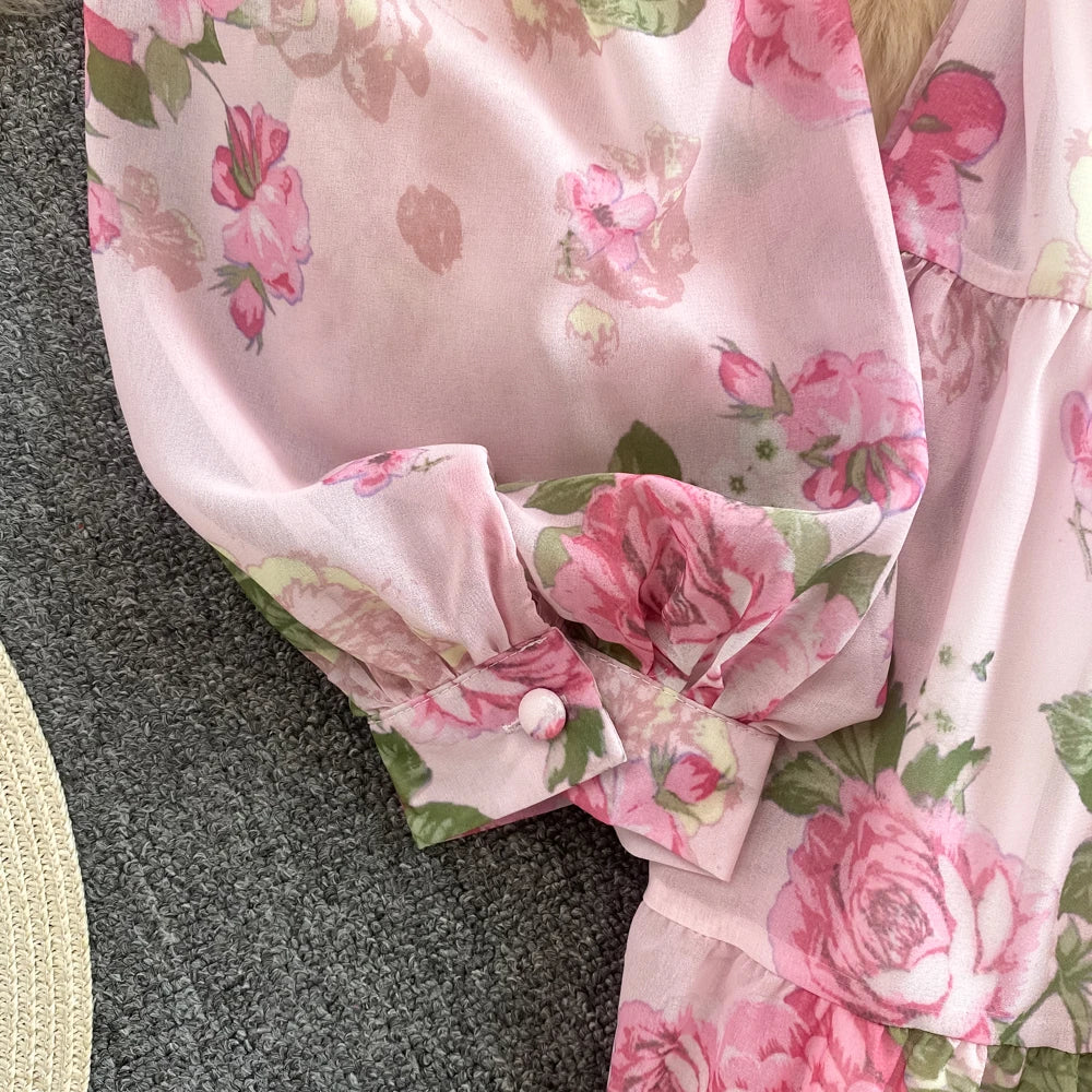 Spring Autumn Women Floral Chiffon Long Dress Vintage Purple/Pink/Black/Beige Stand Collar Single Breasted Maxi Robe Elegant New Viralgem Store